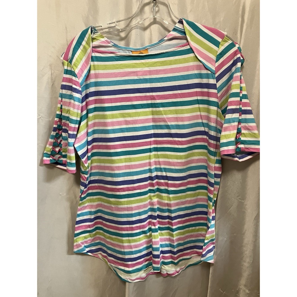 Ruby Road Plus Oasis Stripe Squareneck Rainbow‎ Multicolored Women's Shirt M